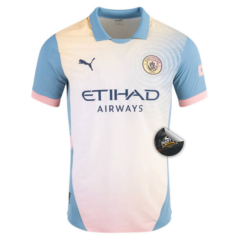 Camisa Manchester City 'Definitely City' 24/25 - Jogador Puma Masculino - Bege e Azul